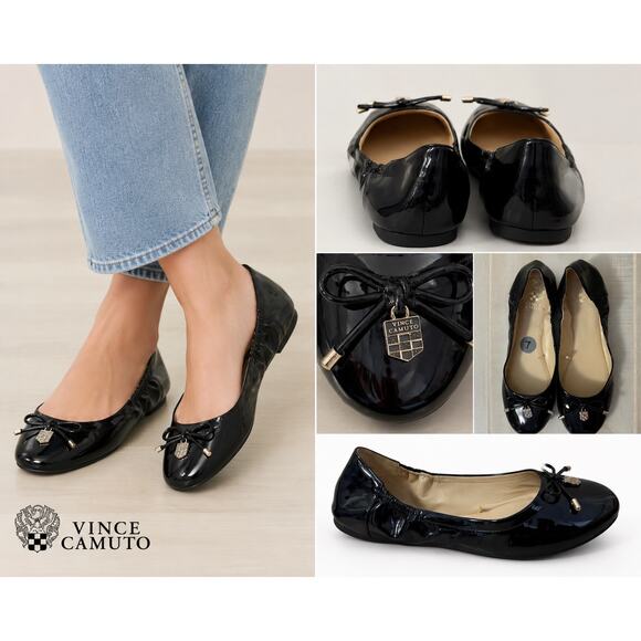 Vince Camuto Shoes - Vince Camuto Classic Black Patent Ballet Flats Bow Logo Charm Women’s Size 7M